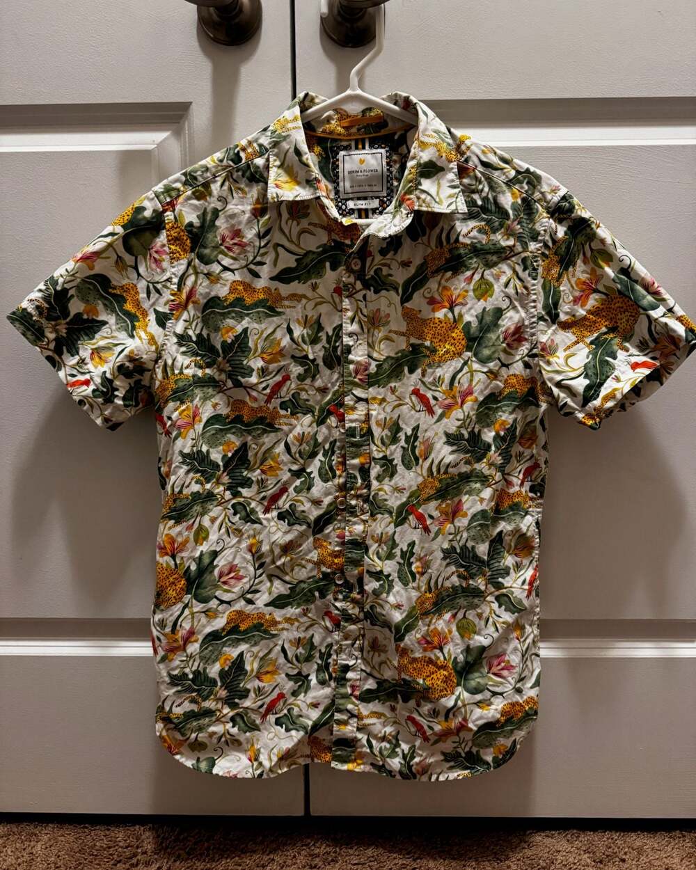 Denim & Flower Ricky Singh Slim Fit Jungle Leopard Print Short Sleeve Button Dow